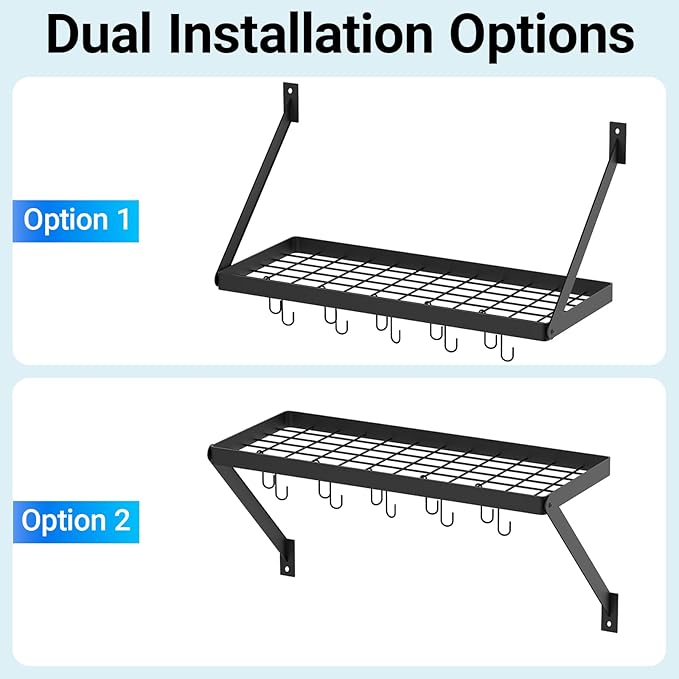 Miyili Pot Rack Square Grid Wall Mounted Kitchen Pot And Pan Organizer Shelf With 10 Hooks, 24 by 10-inch (Black), KR301B1