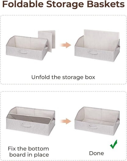 StorageWorks Closet Storage Bins, Trapezoid Organizer Box for Shelves, Fabric Clothes Bin, Foldable Organizing Baskets with Handles, Large, Khaki and Beige Stripes, 3-Pack