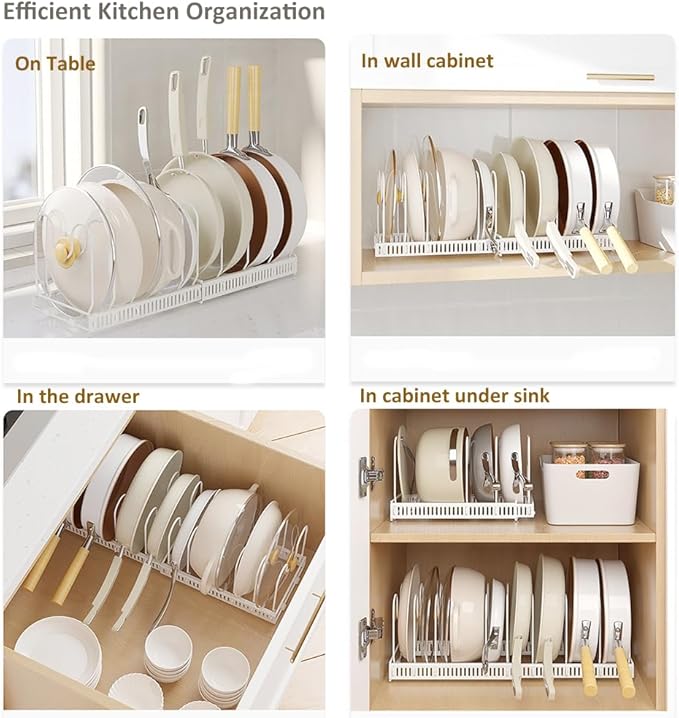 WUETOAYA Expandable Pots and Pans Organizer Rack, Pot Lid Kitchen Cabinet Organizer Holder with 10 Adjustable Compartment, Cookware Rack for Kitchen Cabinet Storage, White