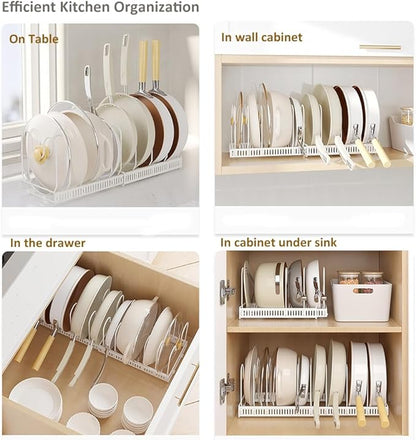 WUETOAYA Expandable Pots and Pans Organizer Rack, Pot Lid Kitchen Cabinet Organizer Holder with 10 Adjustable Compartment, Cookware Rack for Kitchen Cabinet Storage, White