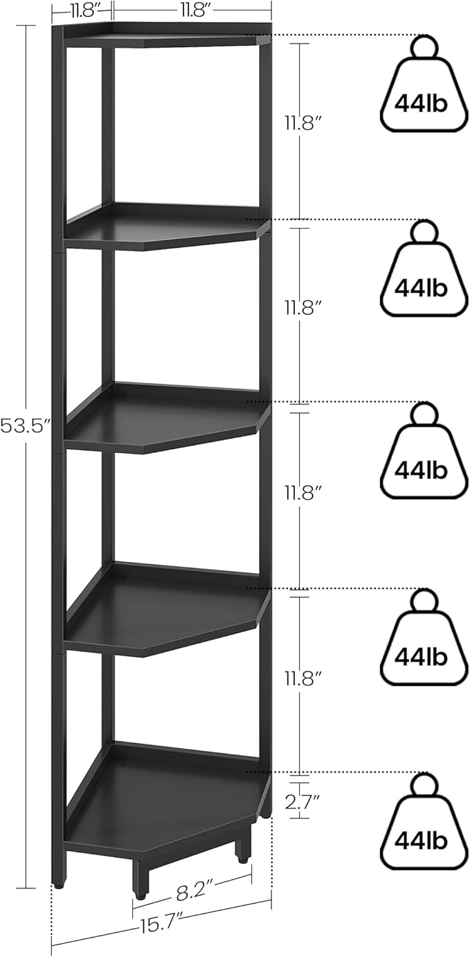 Corner Shelf Stand, Corner Bookshelf, Storage Standing Shelf Unit with Metal Frame, Plant Stand, Corner Bookcase for Living Room, Home Office, Bedroom, 5-Tier Black CS05906B