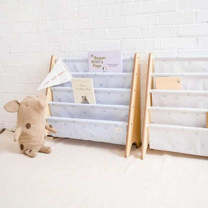 3 Sprouts Recycled Fabric Kids Bookshelf – 4-Tier Sling Book Rack Organizer - Nursery Room Playroom Classroom Wooden Book Shelves - Kid Bookcase Wood Storage Shelf for Toddler Age 3+ - Blueberry Mist