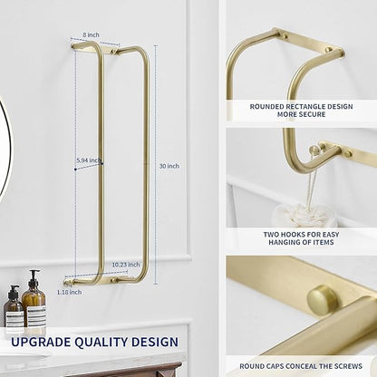BWE Brushed Gold Towel Racks for Bathroom, Stainless Steel Towel Holder for Rolled Towels, Wall Mounted Bathroom Towel Storage Holds Up 6 Large Bath Sheets, with 2 Hooks