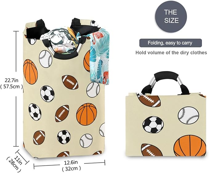 Laundry Hamper Basket Basketball Sports Balls Beige Storage Basket Collapsible Laundry Bag with Handle Decorative Organizer Bins Basket for Laundry Room College Dorms Clothes