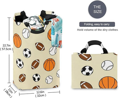 Laundry Hamper Basket Basketball Sports Balls Beige Storage Basket Collapsible Laundry Bag with Handle Decorative Organizer Bins Basket for Laundry Room College Dorms Clothes