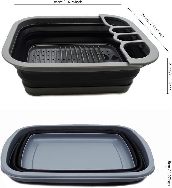 SAMMART Collapsible Dish Drainer with Drainer Board - Foldable Drying Rack Set - Portable Dinnerware Organizer - Space Saving Kitchen Storage Tray (1, Grey/Black)