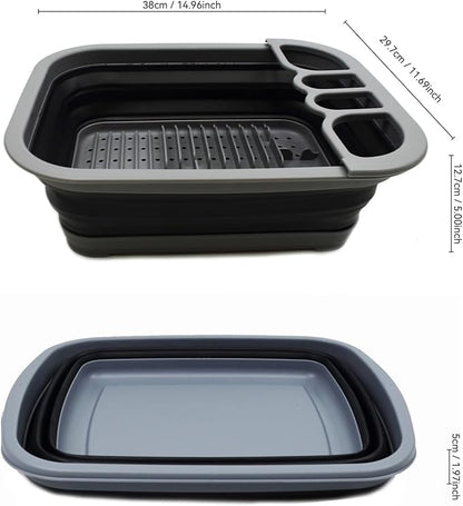 SAMMART Collapsible Dish Drainer with Drainer Board - Foldable Drying Rack Set - Portable Dinnerware Organizer - Space Saving Kitchen Storage Tray (1, Grey/Black)