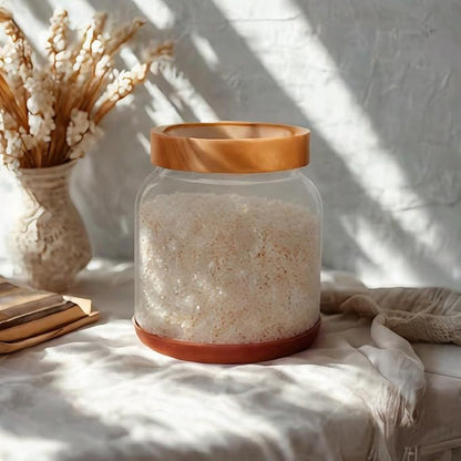SAIOOL Large Capacity Screw Glass Food Storage Jars (Set of 2) - Diam 15cm x H16cm 2000ML Kitchen Canisters for Flour, Rice, Pasta, Leakproof Design with Yellow Wood Lid & Accessories