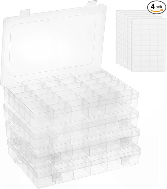 OUTUXED 4 Pack 36 Grids Plastic Bead Organizer Box with Dividers, Clear Craft Tackle Box Parts Storage Containers with Compartments for Jewelry Fishing Tackle Art DIY with 5 Sheets Label Stickers