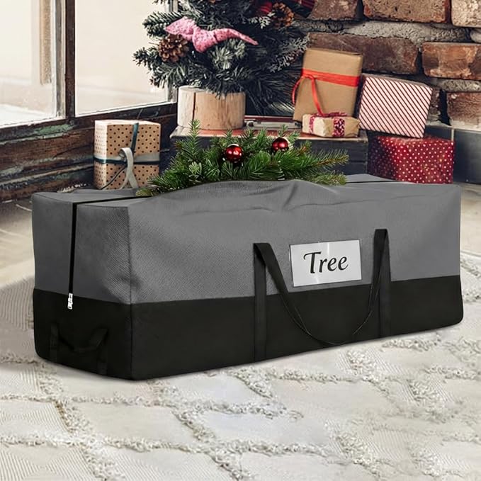 Christmas Tree Storage Bag, Fits Up to 10-12 Ft Tall Artificial Trees, Heavy Duty 600D Oxford Skeleton Storage Box with Reinforced Handles, Zipper, Transparent Pocket, Gray