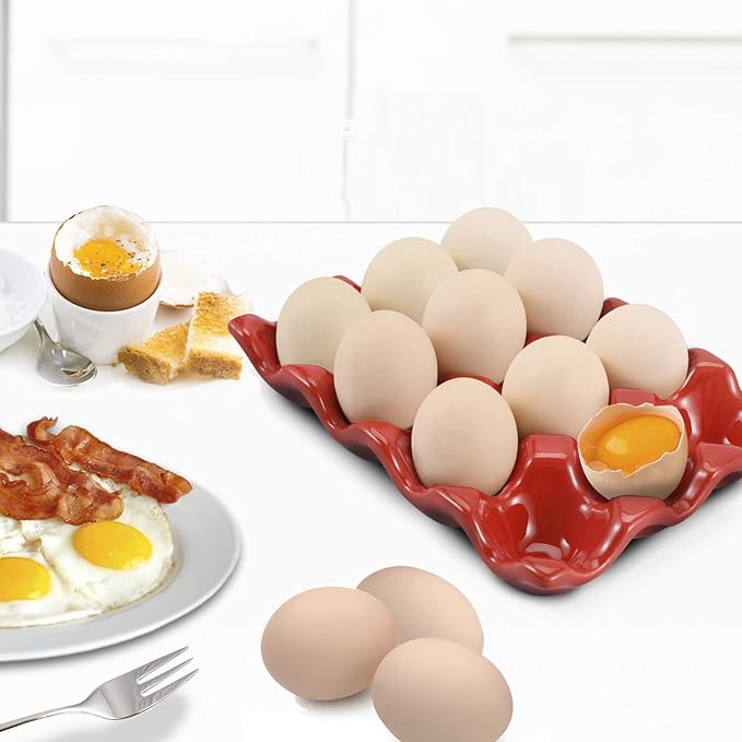 Flexzion Ceramic Egg Holder for Fridge - 12 Cups Egg Tray Whole Dozen Porcelain Container Keeper Storage Organizer Decorative Serving Stand Serveware for Countertop Display Kitchen (Red)