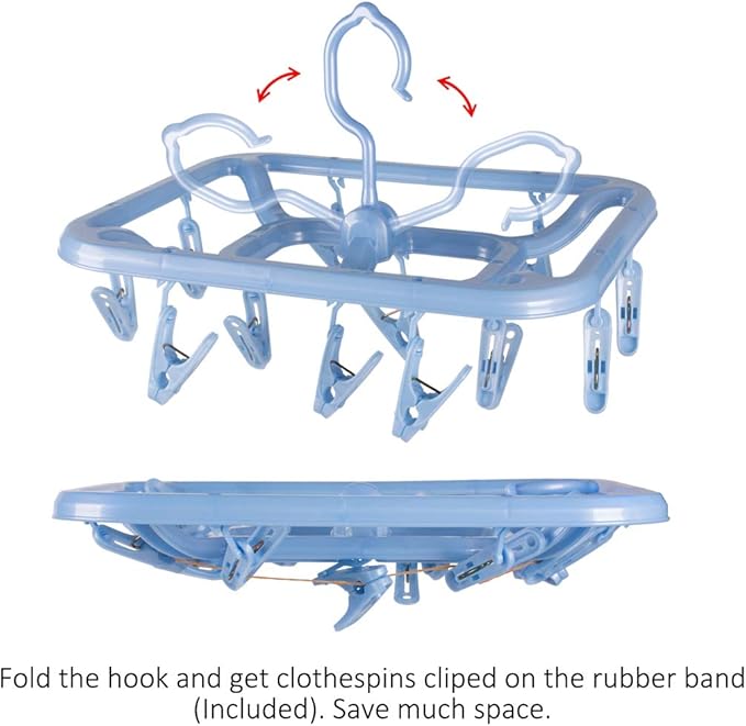 Small Clip & Drip Hanger 2-Pack, 12 Clips & 360 Rotatable Hook, Drying Hanger for Towels, Bras, Baby Clothes, Gloves, Blue