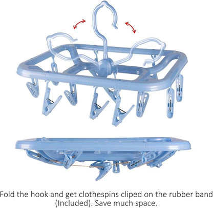 Small Clip & Drip Hanger 2-Pack, 12 Clips & 360 Rotatable Hook, Drying Hanger for Towels, Bras, Baby Clothes, Gloves, Blue