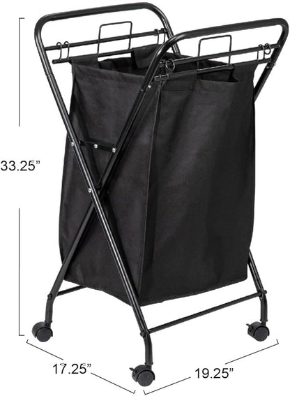 Household Essentials Rolling Laundry Hamper, Heavy Duty Canvas Bag, 2 Load Capacity, Foldable Frame, Black Bag with Velcro Fasteners, Black