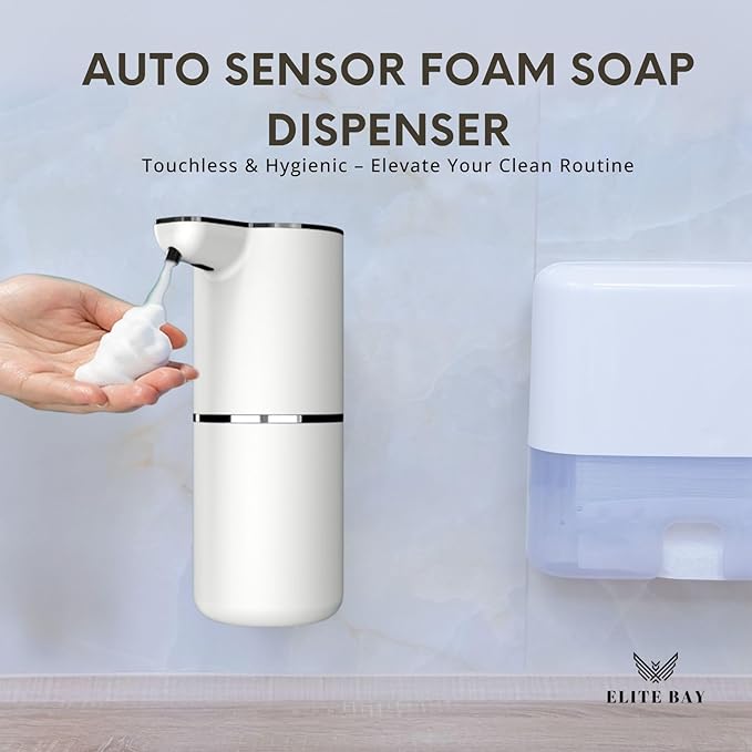 ELITE BAY Auto Foam Soap Dispenser-Touchless Soap Dispensor with Four- Speed Foam Settings | 350ml Capacity | Rechargeable 1200mAh Battery. USB Charging | ABS+PP Material | 1.5W Power White.