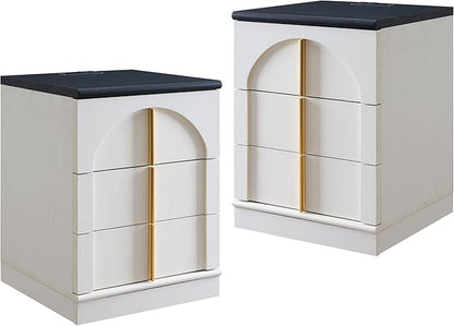 ACCOHOHO Modern Night Stand Set 2 with Arched Panel, 18" Nightstand with Charging Station, Side Table with 3 Storage Drawers, Wood Square Bedside End Table for Bedroom Living Room, White
