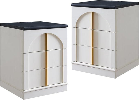 ACCOHOHO Modern Night Stand Set 2 with Arched Panel, 18" Nightstand with Charging Station, Side Table with 3 Storage Drawers, Wood Square Bedside End Table for Bedroom Living Room, White