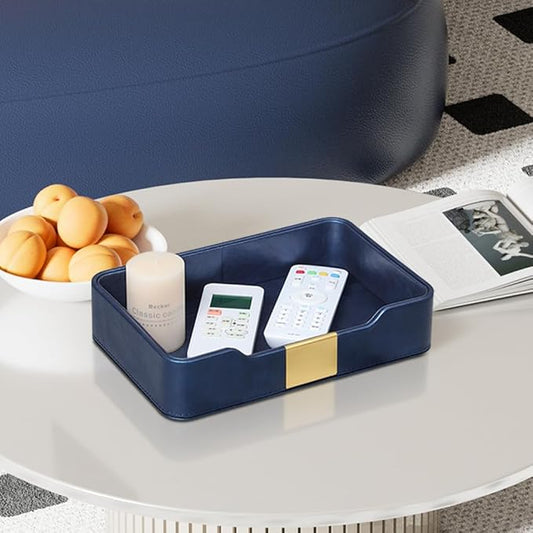MEIBOOCH 10.2" x 6.7" Nightstand Organizer Tray with Gold Accent, Decorative Valet Trays Cologne Organizer for Men, Key Bowl Perfume Trinket Tray for Dresser Bedside Entryway Table (Navy Blue)