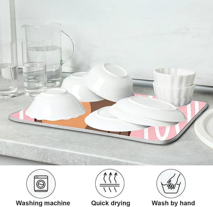 ZzWwR Cute Dachshund Funny Heart Absorbent Dish Drying Mat Microfiber Kitchen Countertop Table Protector Multipurpose Counter Rack Sink Drainer Pad (16” x 18”)