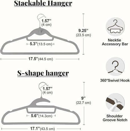 UEAKPIC Velvet Hangers 50 Pack, S-Shaped and Stackable Non Slip with 360°Swivel Hook, Ultra Thin and Space Saving Flocked, for Suits, Shirts, Coats, 15Lbs Capacity Heavy Duty, Grey
