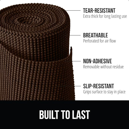 GORILLA GRIP powerGRIP Drawer Shelf and Cabinet Liner, Thick Strong Hold, Non-Adhesive Liners Protect Kitchen Cabinets and Cupboard, Bathroom Drawers, Easy Install, Breathable Mat, 12" x10', Chocolate