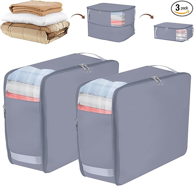 Compression Storage Bags for Clothes, Foldable Reusable Organizers for Down Coats, Comforters, Beddings, Blankets, Self Compression Packing Cubes Space Saver Bags with Dual Zippers, 2 Pack, 40 L, Gray