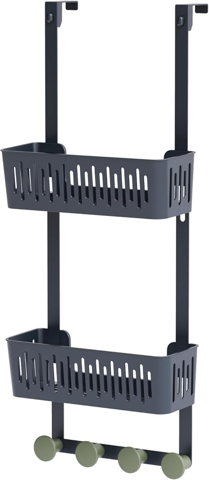 Zenna Home SnugFit Over the Door Caddy Organizer with 2 Storage Baskets and 4 Hooks, Over Door Hanging Organizer for Bathroom, Kitchen, Bedroom, Closet, Easy to Install, No Drilling, Blue