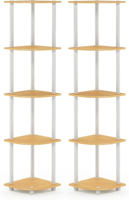 Furinno Turn-N-Tube Corner Shelf Set of 2, 5-Tier Corner Bookshelf, Open Storage Shelves, for Organization and Storage, Living Room, Home Office, Garage, Beech