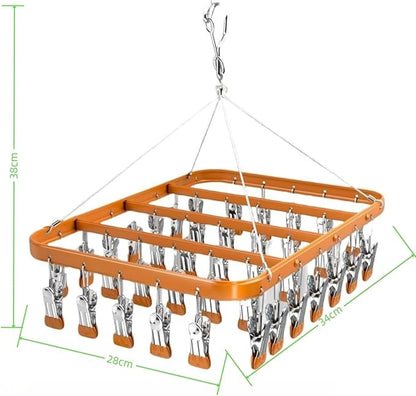 Clothes Drying Racks Clip Hangers Metal with 36 Clips Windproof Hook Underwear Hanger Foldable Laundry Clip for Socks Bras (Gold)