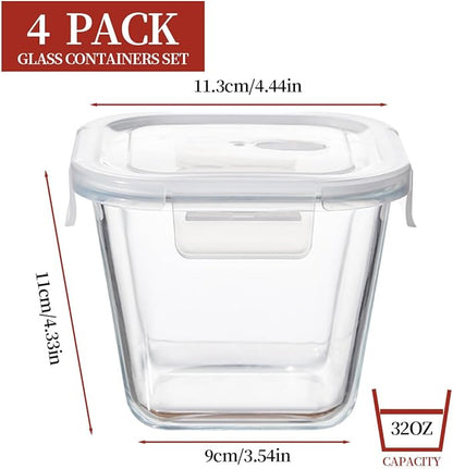 4 Cup Square Glass Food Storage Container with Lids, Square Glass Soup Container with Airtight Lids, 32 OZ Food Prep Bowls for Leftovers, Salad, Microwave、Fridge、Dishwasher Safe (4 Pack)
