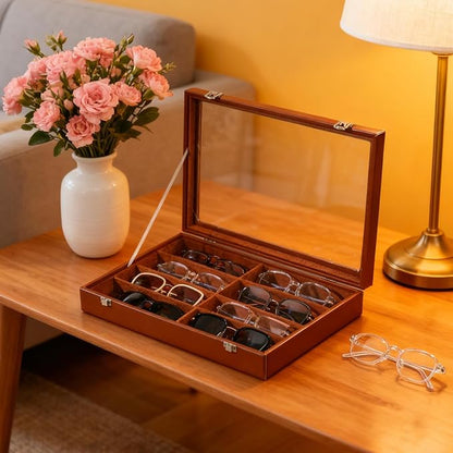 XHMQYC Glasses Holder Box Drawer Sunglass Organizer for Men Clear Wide Storage Case 8 Slots Multiple Reading Glasses Display, Brown Leather With Clear Glass Lid