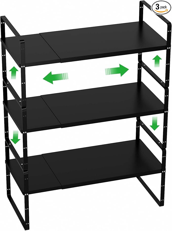 WEJIPP Cabinet Organizer Shelves,Expandable Spice Racks,Stackable Storage Shelves for Kitchen,Pantry,Counter,Bathroom,Home,Office,3 Packs,8.07" D,Black
