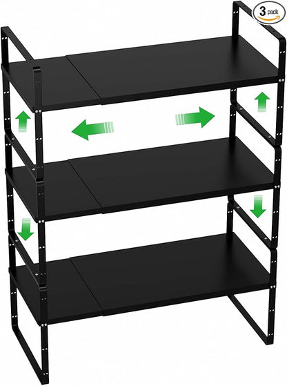 WEJIPP Cabinet Organizer Shelves,Expandable Spice Racks,Stackable Storage Shelves for Kitchen,Pantry,Counter,Bathroom,Home,Office,3 Packs,8.07" D,Black