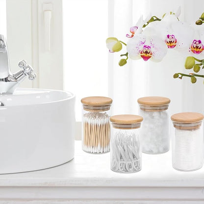 BKYFPQ 4 Pack Glass Qtip Holder Dispenser Set - Apothecary Jars with Lids for Vanity Makeup Organizer - Bathroom Canister Storage Organizer for Cotton Ball, Swab, Round Pads,Floss
