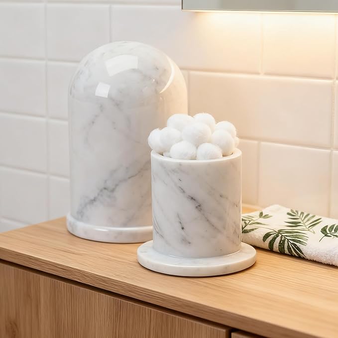 Terramason Marble Qtip Holder with Lid for Cotton Swabs, Balls, Pads, Floss Picks, Bathroom Vanity Organizer Storage Container Decor