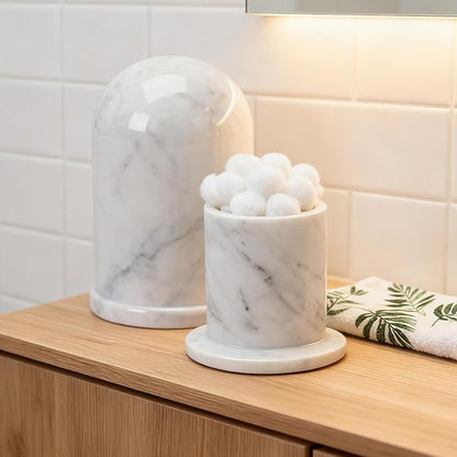 Terramason Marble Qtip Holder with Lid for Cotton Swabs, Balls, Pads, Floss Picks, Bathroom Vanity Organizer Storage Container Decor