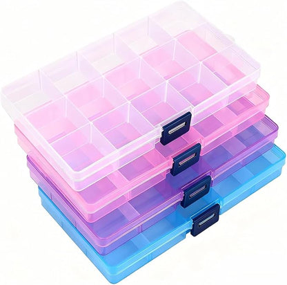 IOOLEEM 15 Grids Plastic Bead Organizer Box, Multi-color Organizer Container Storage Box, Adjustable Dividers for bead arts and crafts.(4 Pack)