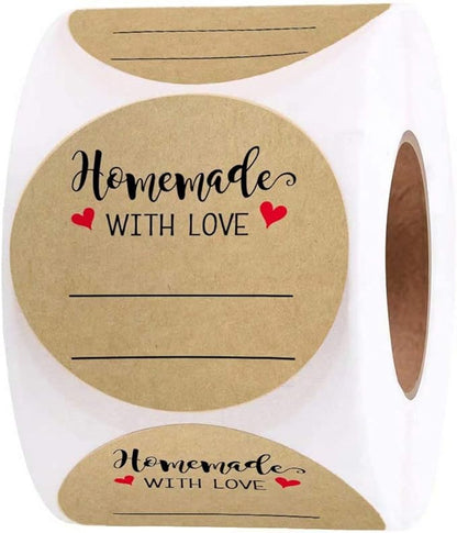 2 Inch Homemade with Love Sticker with Lines for Writing (500 Labels per roll) Brown Kraft Stickers for Canning Labels Jar, Store Owners, Crafts, Organizing, Gift, Price Tags, Envelop Seal