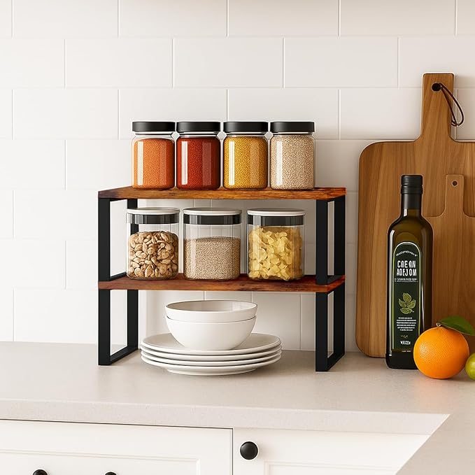 Sben Cabinet Organizer Shelf, Set of 2 Kitchen Counter Shelves, Kitchen Storage, Spice Rack, Stackable, Expandable, Metal and Engineered Wood, Ink Black and Rustic Brown
