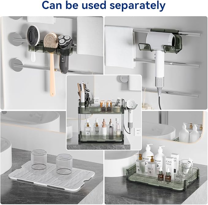 AmzAge Bathroom Countertop Organizer,Makeup Counter Organizer With Hair Dryer Holder,Compatible with Dyson Blow Dryer,Electric Toothbrush And Toothpaste Holder,2-Tier Detachable Design,Gem Green