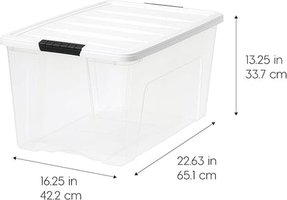 IRIS USA 72 Qt Stackable Plastic Storage Bins with Lids, 4 Pack - BPA-Free, Made in USA - See-Through Organizing Solution, Latches, Durable Nestable Containers, Secure Pull Handle - Clear/White