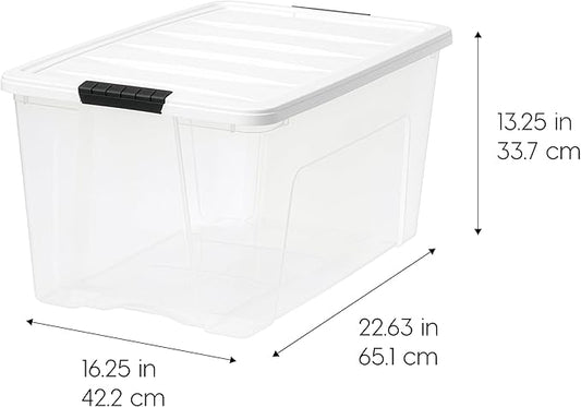 IRIS USA 72 Qt Stackable Plastic Storage Bins with Lids, 4 Pack - BPA-Free, Made in USA - See-Through Organizing Solution, Latches, Durable Nestable Containers, Secure Pull Handle - Clear/White