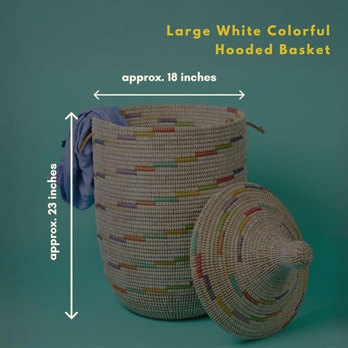 Large Colorful White Basket for Decor, Organizing, Storage - Living Room Blankets, Nursery Toys, Laundry, Towels, Pillows, Comforter, Cushions - Wicker, Woven, Round, Lid, Handles