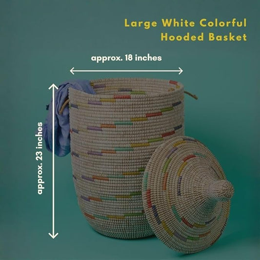 Large Colorful White Basket for Decor, Organizing, Storage - Living Room Blankets, Nursery Toys, Laundry, Towels, Pillows, Comforter, Cushions - Wicker, Woven, Round, Lid, Handles