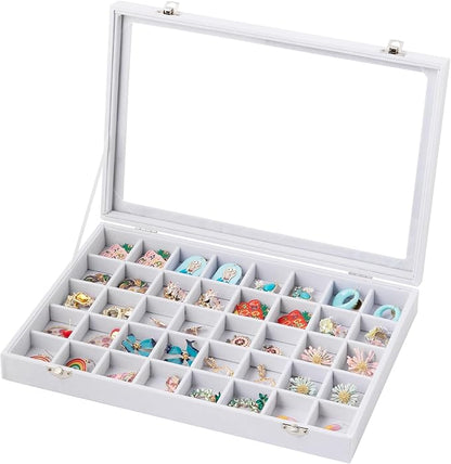 Frebeauty 40 Grid Jewelry Tray,Adjustable Earring Holder Organizer with Glass Lid,Velvet Drawer Jewelry Organizer for Rings,Studs,13.8 x 9.5 x 2 Inches Jewelry Display Box,Gift for Women(White)