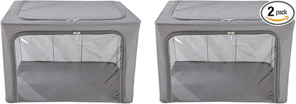Periea Oxford Cloth Steel Frame Storage Boxes - Under-Bed or in Closet - Pack of 2 Large Organizers (Denim Effect - Grey)