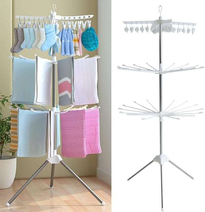 Laundry Rack Clothes Drying Hanger Rack with Clips Folding Collapsible 3-Tier Laundry Drying Ra-Ck for Clothes Socks Indoor Outdoors Balcony White