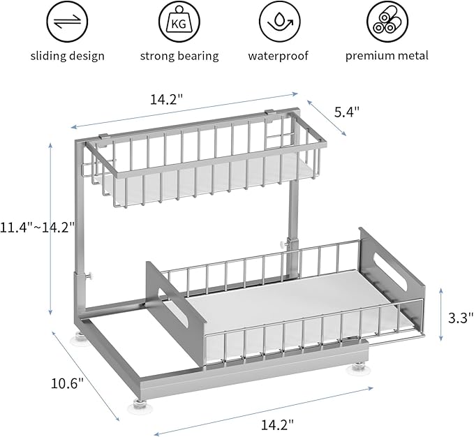Under Sink Organizer Storage 2-Tier Premium Metal Pull-Out Racks, Height Adjustable, Heavy Dut and Easy Installation for Kitchen & Bathroom Organizers 2 Pack