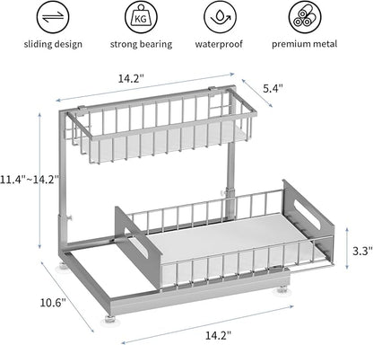 Under Sink Organizer Storage 2-Tier Premium Metal Pull-Out Racks, Height Adjustable, Heavy Dut and Easy Installation for Kitchen & Bathroom Organizers 2 Pack