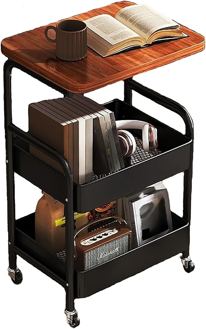 3Tier Rolling Cart - Metal Utility Cart with Wheels, Heavy Duty Mesh Rolling Storage Cart Organizer for Kitchen Office Bedroom Living Room Slide Table (Black)